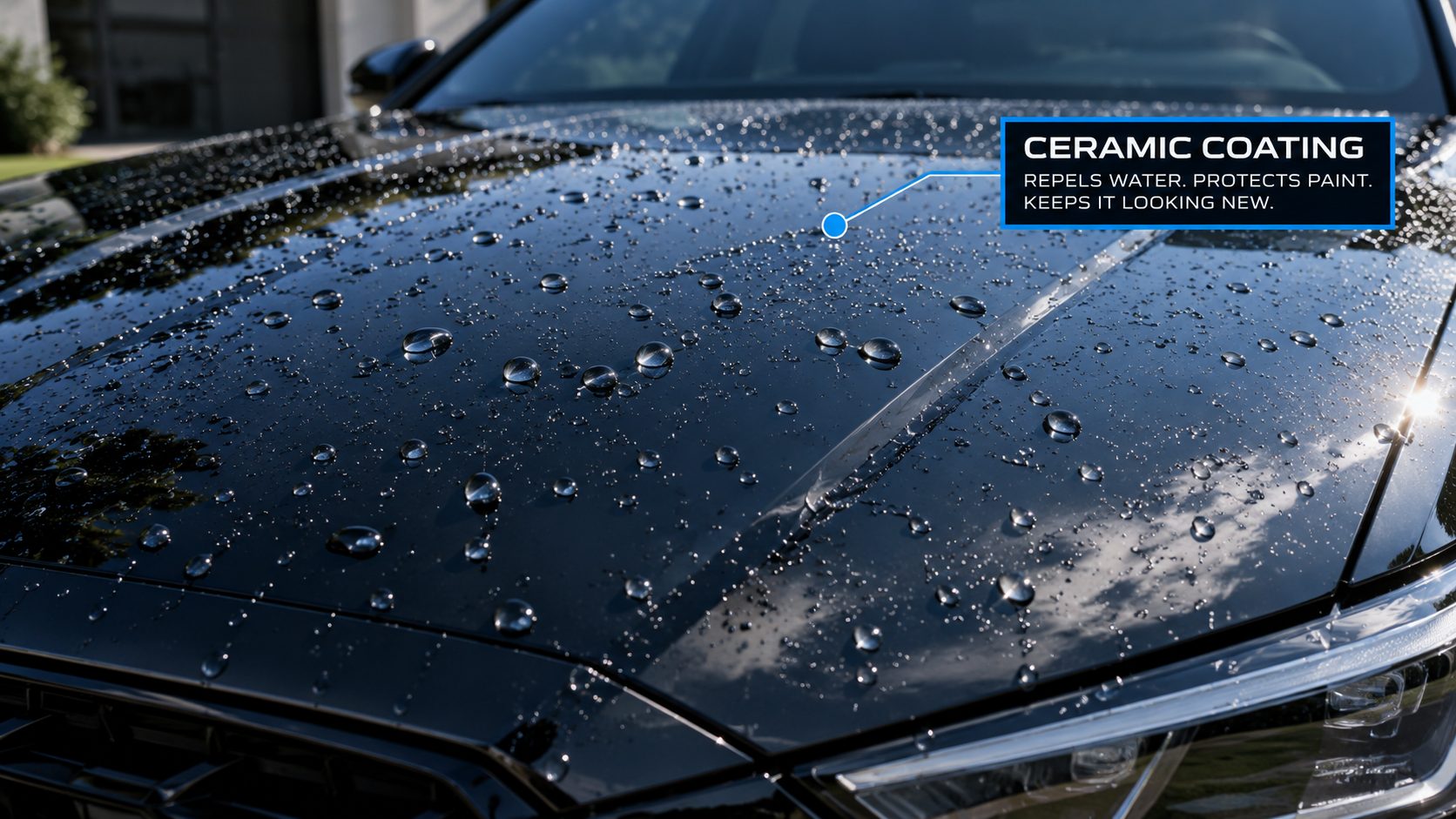 Ceramic coated hood repelling water — repels water, protects paint